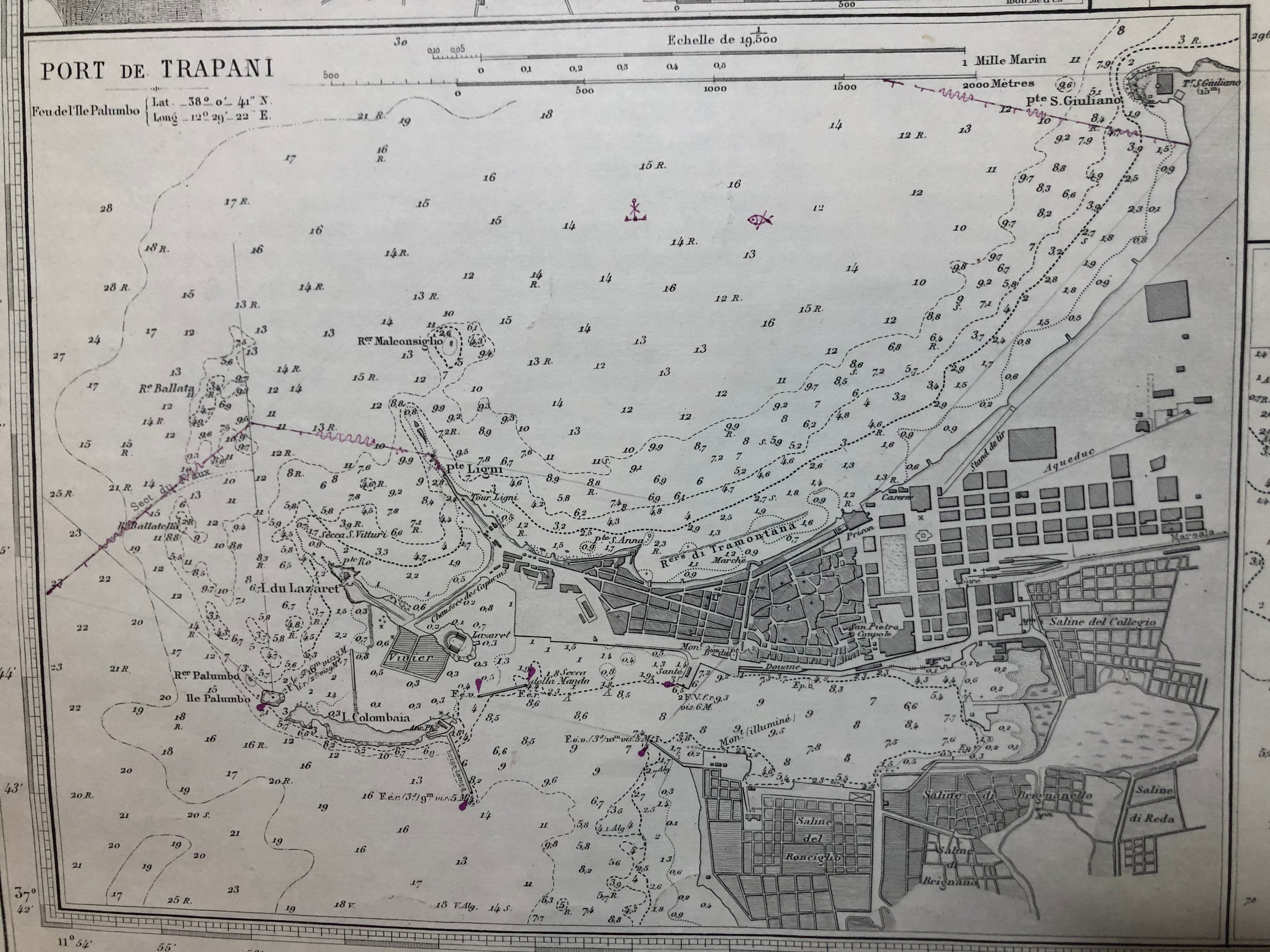Authentique Carte Marine Ancienne Shom Cote Ouest de Sicile Trapani à Marsala et Îles Adjacentes Par