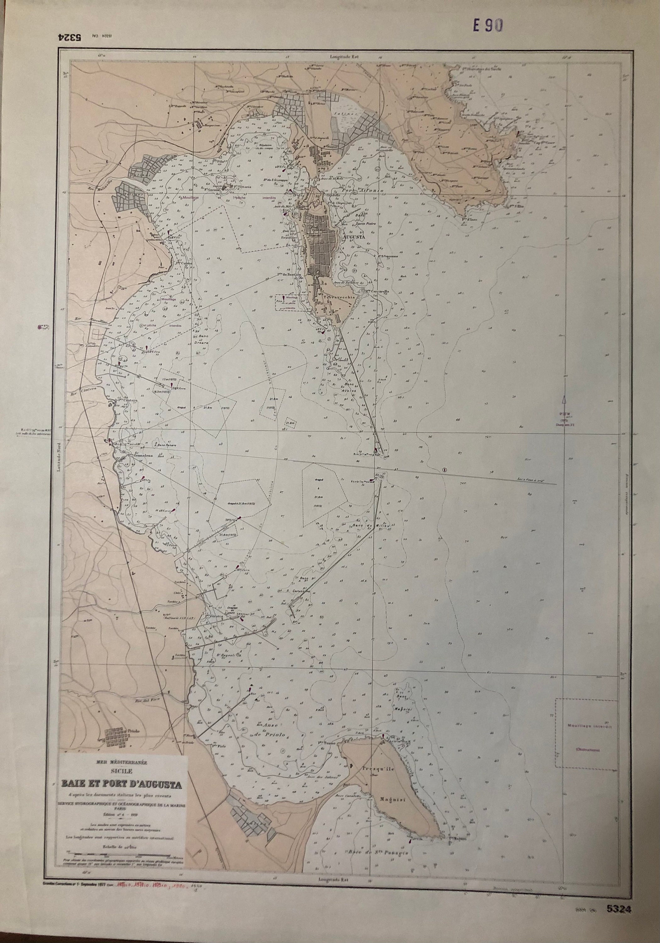 Authentique Carte Marine Ancienne Shom Mer Méditerranée Sicile Baie et Port d'augusta Paris 1959 | T