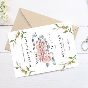 印刷可能なピンクの花の結婚式招待状、結婚披露宴のテンプレートのダウンロード、DIY 花嫁の編集可能なお祝い