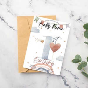 Personalisierte neutrale Geburtstagseinladung Baby 1st Bday besonderer Anlass Ankündigung druckbare Vorlage ersten Geburtstag Feier Karte