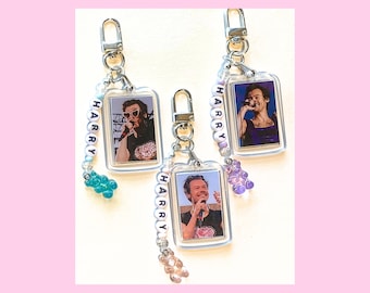 Harry Styles Keychain - Double Sided Photo Frame with Beaded Name Charm | One Direction Concert