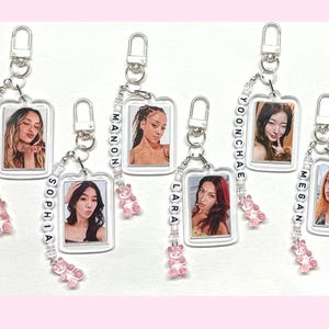 KATSEYE Kpop Keychain - Double Sided Photo Frame with Beaded Name Charm | Sophia, Manon, Lara, Yoonchae, Daniela, Megan