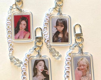 Aespa Kpop Keychain - Double Sided Photo With Beaded Name Charm