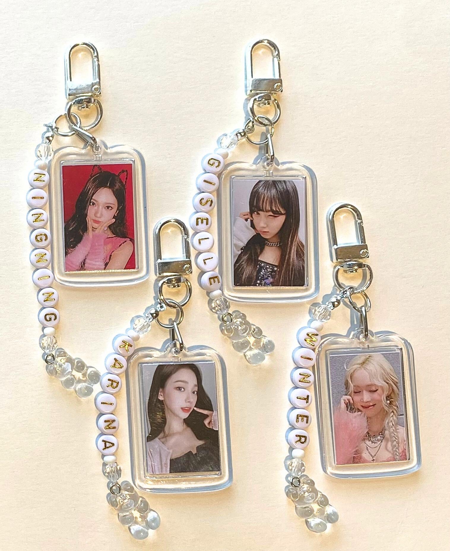 Aespa Kpop Keychain - Double Sided Photo With Beaded Name Charm