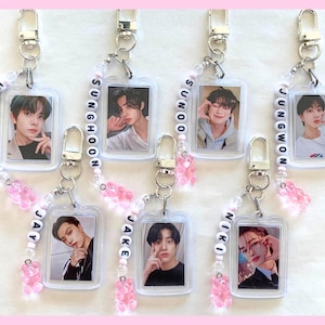 Enha Kpop Keychain Double Sided Photo with Beaded Name Charm | Jungwon, Heeseung, Jay, Jake, Sunghoon, Sunoo, Niki