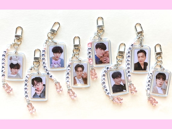 ATEEZ Kpop Keychain - Double Sided Photo Frame with Beaded Name Charm | San, Mingi, Seonghwa, Wooyoung, Hongjoong, Yeosang, Yunho, Jongho