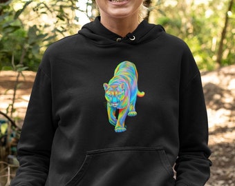 Sweat-shirt coloré Lion, Sweat-shirt à capuche pour la faune, Cadeau pour les amoureux des animaux, sweat-shirt de randonnée en plein air, couguar, nature, arc-en-ciel d’art trippy