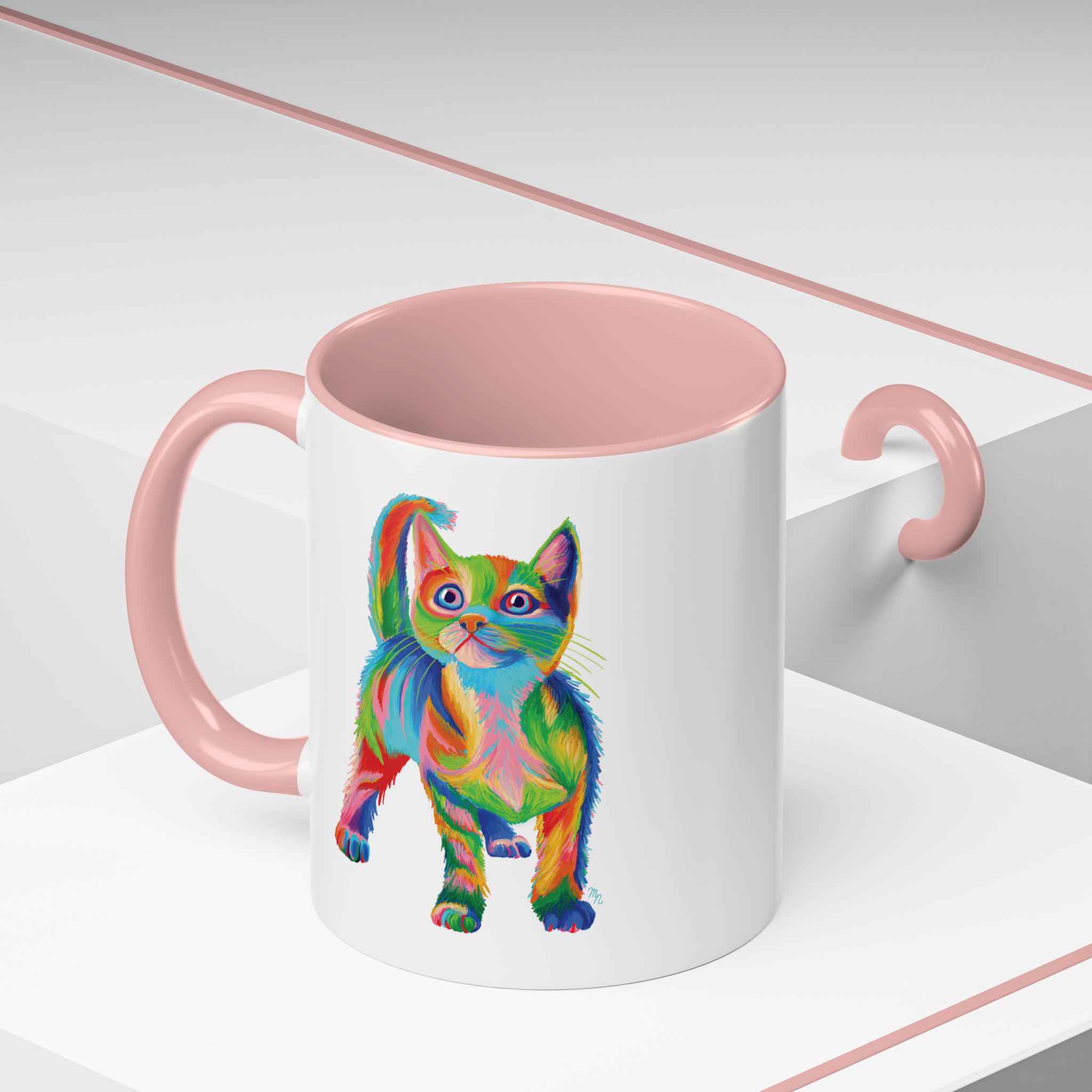 Mug, Cozy Rainbow Kitty Accent Coffee Cup, Cute Cat Lover Gift, Colorful Kitten Ceramic Tea Mugs, Whimsical Pet Novelty Drinkware, Cat Lady