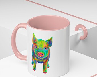 Mug, Colorful Rainbow Piglet Graphic Accent Coffee Mug (11, 15oz), Gift for Animal Lovers, Cute Tea Cup, Unique Kitchen Decor, Farm Animal