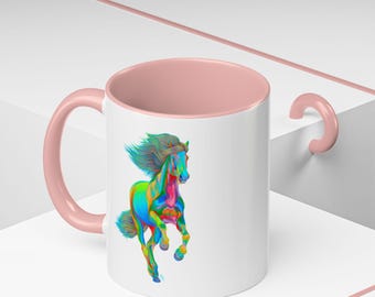 Koffiemok majestueus paardaccent, kleurrijke regenboog paarden keramische beker, dierenliefhebber cadeau, uniek keukendecor, liefhebber van paardrijden