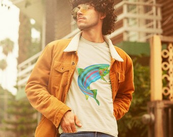 Camiseta con gráfico de trucha arcoíris, camiseta de pesca, camiseta de peces coloridos, camiseta unisex, camiseta de algodón suave, regalo para amantes de la pesca