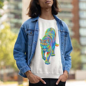Rainbow Mountain Lion Sweatshirt, Wildlife Lover Crewneck Jumper, Colorful Animal Pullover, Gift for Nature Enthusiast, Outdoor Adventure