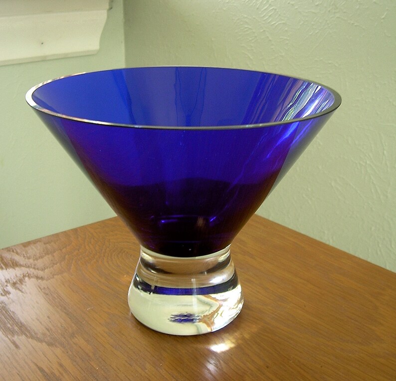 Large Coneshaped Cobalt Blue Cut Glass Decorative Bowl With Solid