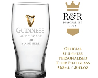 Personalised Engraved Guinness Tulip Pint Glass, Add any message in a choice of fonts