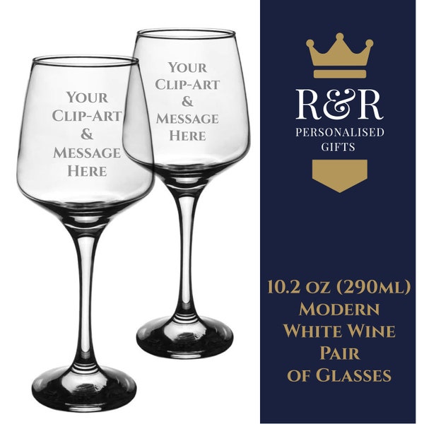 Pair of Personalised Modern White Wine Glasses, 290ml - engraved with name, message or clipart