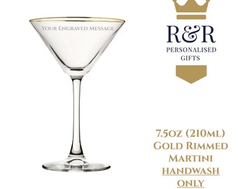 Graviertes großes 7,5-Unzen-Martini-Glas mit Goldrand - Personalisiert mit einem beliebigen Namen oder einer beliebigen Nachricht.