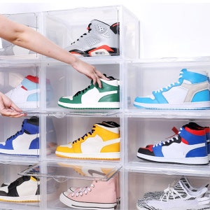 10 Pack - Magnetic Shoe Storage Box Drop Side/Front Sneaker Case Stackable Container XL - Crystal Clear