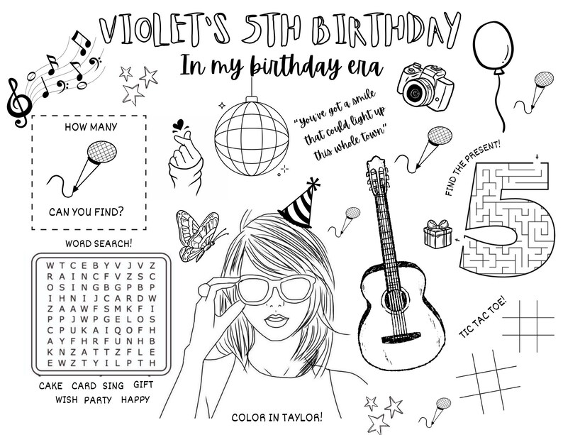 Taylor Swift Coloring Page, Taylor Swift Birthday Activity Page