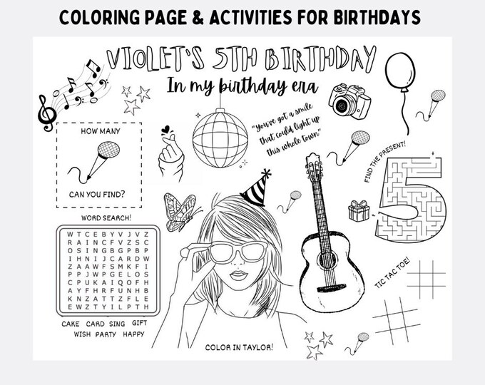 Taylor Swift Coloring Page, Taylor Swift Birthday Activity Page ...