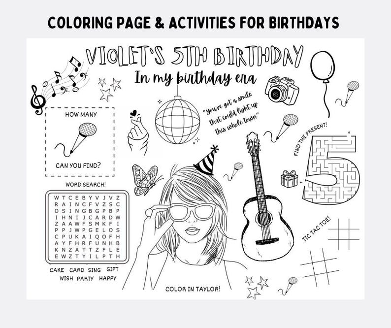 Taylor Swift Coloring Page, Taylor Swift Birthday Activity Page