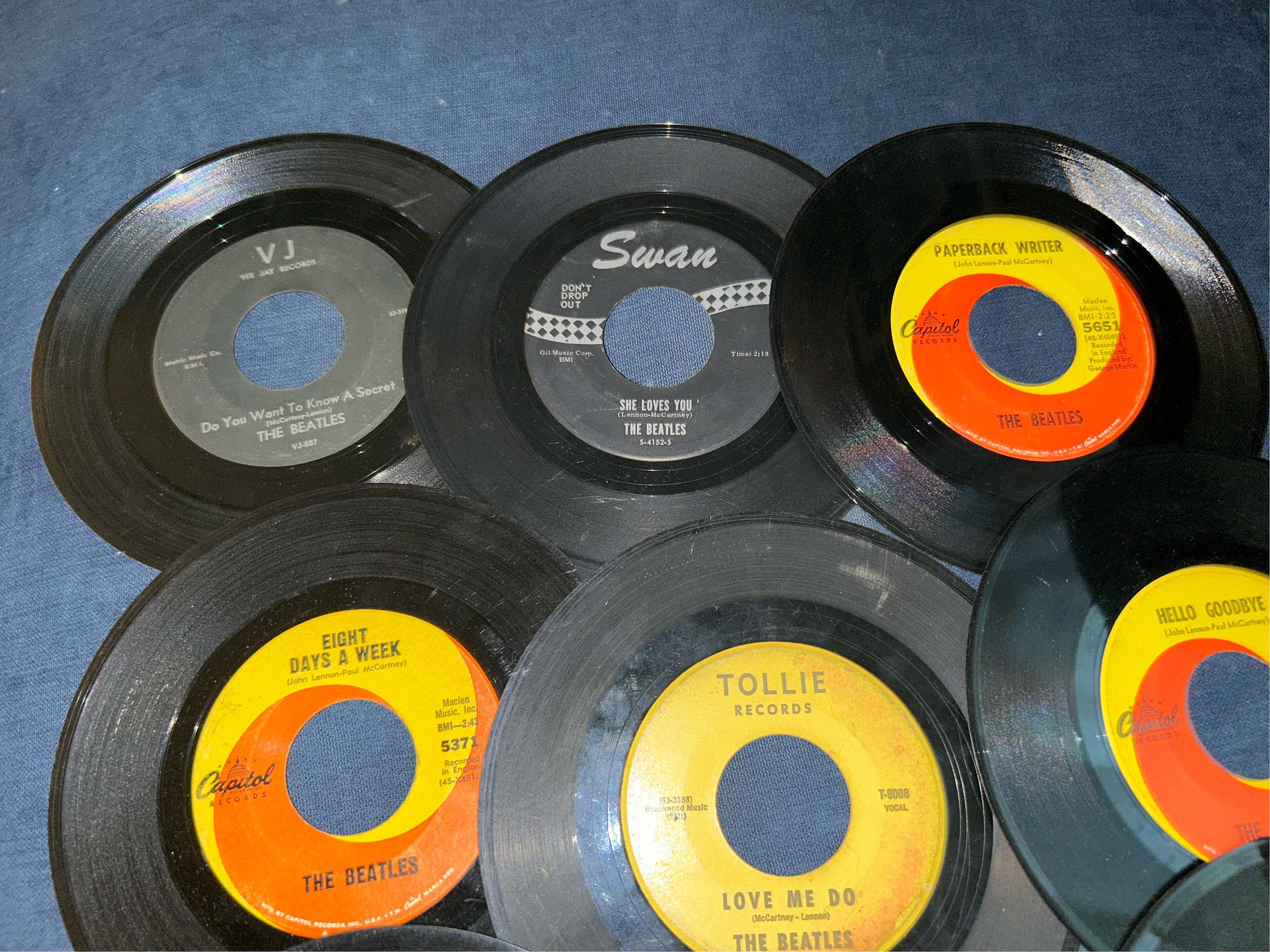 The Beatles (10) 45 Rpm Records. Let It Be, Love Me Do, Hello Goodbye ...
