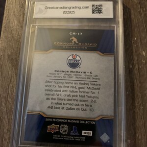Puede incluir: Una tarjeta de hockey con Connor McDavid, un jugador de los Edmonton Oilers. La tarjeta es de la colecci&oacute;n Connor McDavid 2015-16. La tarjeta est&aacute; calificada por Greatcanadiangrading.com y tiene una calificaci&oacute;n de 002925.