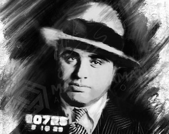 May include: Black and white portrait of a man wearing a hat and a suit. The man has a serious expression on his face. The image is drawn in a sketchy style.