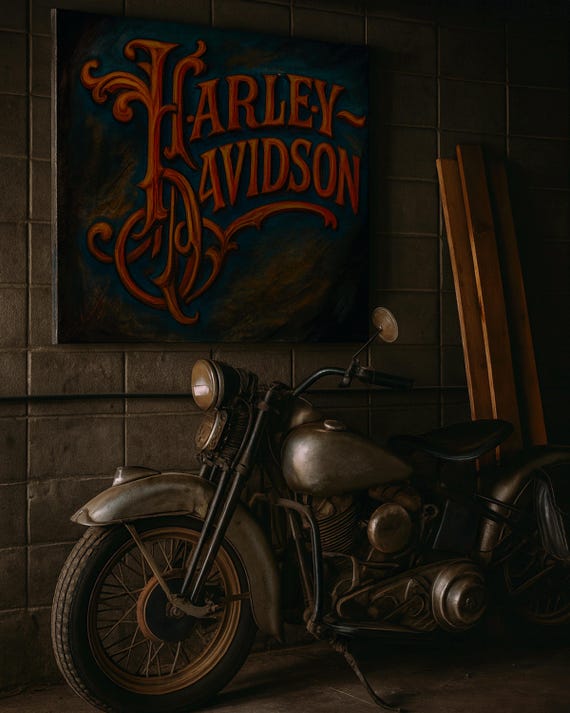 Harley Davidson Canvas Print: Vintage Motorcycle Art, Biker Garage