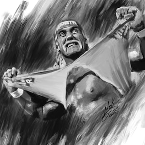 May include: Black and white illustration of a muscular man tearing a shirt. The man has a white mustache and a headband. The artwork is signed and dated.