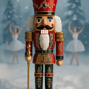 May include: A detailed illustration of a Nutcracker soldier in a winter scene. The Nutcracker is dressed in a red and black uniform with gold accents, a crown, and a white beard. Two blurred ballerinas are in the background.