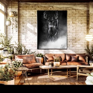 White-Tailed Deer Charcoal Drawing: Black Paper Print or Canvas