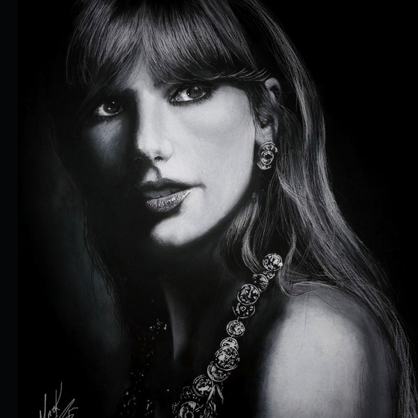 Taylor Swift in weißer Kohle auf schwarzem Papier