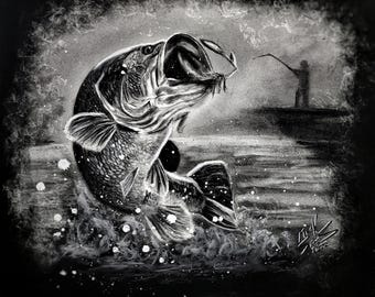 Bass Fishing Art Print: Charcoal Drawing, Angler on Lake