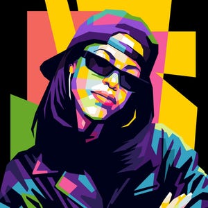 May include: Pop art style illustration of a person wearing sunglasses and a baseball cap. The image uses a vibrant palette of colours including yellow, pink, purple, and green against a black background. The person has long dark hair and is wearing a dark jacket.