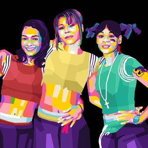 May include: Pop art style illustration of three people in colourful clothing against a black background. The figures are wearing crop tops, skirts, and athletic wear. The artwork uses bright colours and geometric shapes.