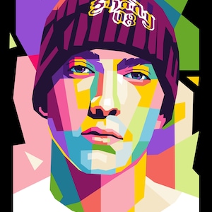 May include: Pop art style portrait of a person wearing a burgundy beanie with the text "Shady 08" in yellow. The portrait is composed of geometric shapes in vibrant colors including yellow, blue, green, and purple, set against a black background.