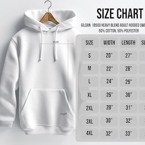 May include: White hooded sweatshirt hanging on a wooden hanger. A size chart is displayed, detailing measurements for width, length, and sleeve length in inches for sizes S through 4XL. The sweatshirt is made of a cotton and polyester blend.