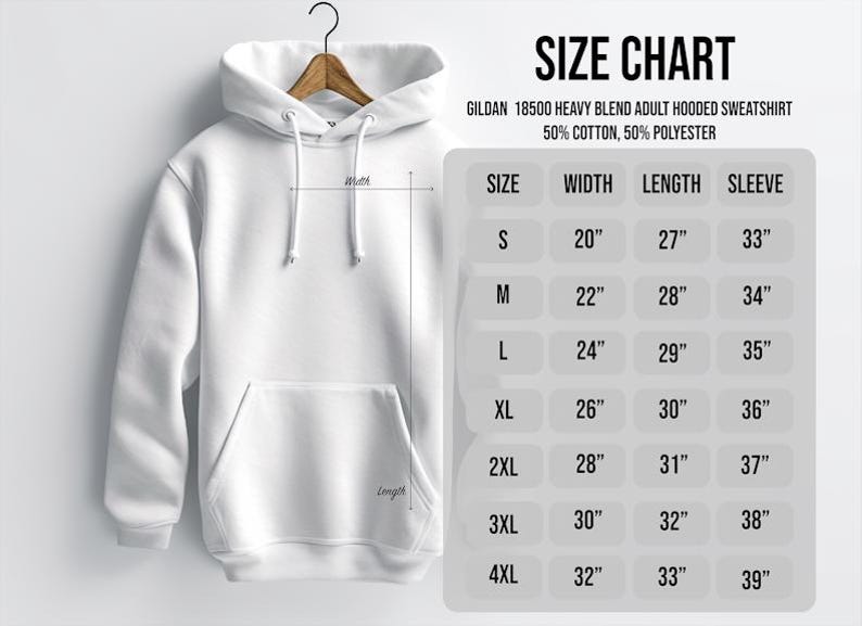 May include: White hooded sweatshirt hanging on a wooden hanger. A size chart is displayed, detailing measurements for width, length, and sleeve length in inches for sizes S through 4XL. The sweatshirt is made of a cotton and polyester blend.