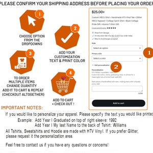 May include: A product listing guide with numbered steps for ordering custom apparel. The steps include choosing options, adding customization, ordering multiple items, and adding to cart. The listing also includes important notes about personalization.