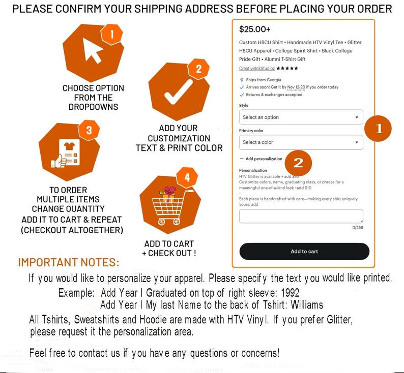 May include: A product listing guide with numbered steps for ordering custom apparel. The steps include choosing options, adding customization, ordering multiple items, and adding to cart. The listing also includes important notes about personalization.