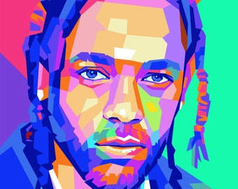 May include: A colorful pop art portrait of a person with blue hair and a beard. The background is a mix of yellow, pink, orange, and green.