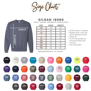 May include: A navy blue Gildan 18000 crewneck sweatshirt with a size chart and color options. The size chart shows chest and length measurements in inches. Available colors include black, white, and red.