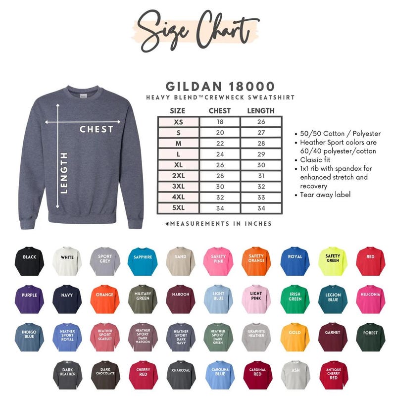 May include: A navy blue Gildan 18000 crewneck sweatshirt with a size chart and color options. The size chart shows chest and length measurements in inches. Available colors include black, white, and red.