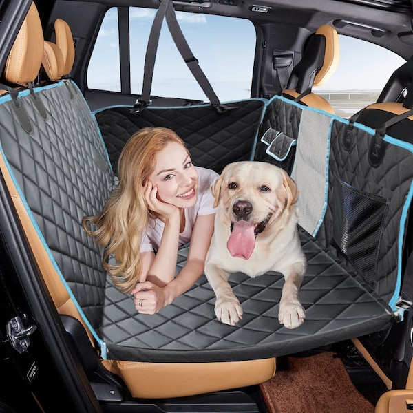 Back Seat Extender for Dogs, Dog Car Seat Cover with Hard Bottom Bed Waterproof Dog Hammock with Mesh Window and Storage Pocket for Truck