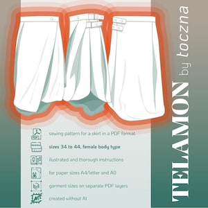 May include: Illustration of a white skirt design, with three variations displayed. The image includes text indicating a PDF sewing pattern for sizes 34 to 44, female body type. The design is labeled "TELAMON by toczna".