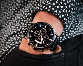 Men's Black Leather Watch, Minimalist Copper Accent Dial