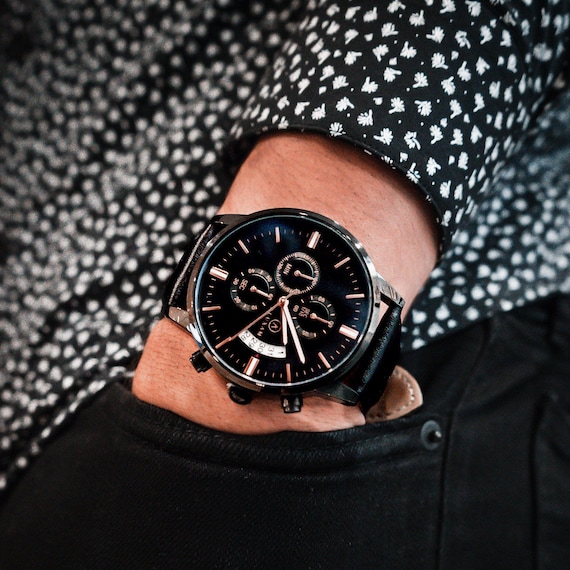Men's Black Leather Watch, Minimalist Copper Accent Dial