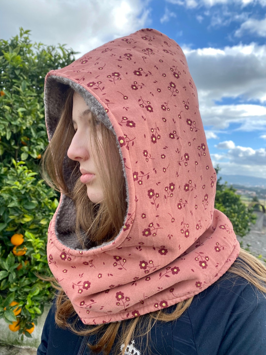 Hooded Scarf Pink Grey Winter Scarf With Little Flowers Etsy
