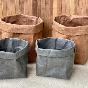 Cesto lavabile per la cucina, Cestino per il pane in sacchetto di carta, Contenitore in sacchetto di carta Kraft, Contenitori per la conservazione sostenibili, Contenitore di carta grigia lavabile.