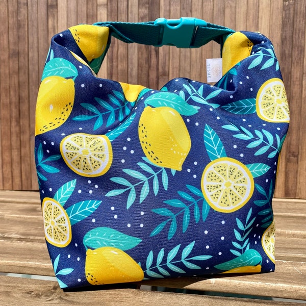 Roll top lunch bag, Thermal lunch box, Eco lunch tote, Fabric lunch box with lemons, Insulated blue lunch bag